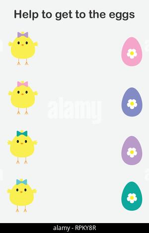 Chick cartoon style, help to get to eggs, color of egg the same color of bow on head, education paper easter game for the development of preschool chi Stock Vector