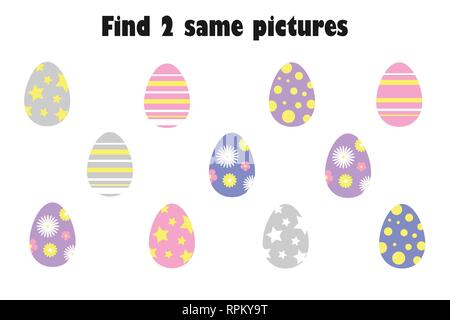 Find two identical pictures, fun education game with easter eggs in cartoon style for children, preschool worksheet activity for kids, task for the de Stock Vector