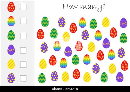 How many counting game with easter eggs for kids, educational maths task for the development of logical thinking, preschool worksheet activity, count  Stock Vector