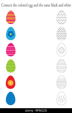 Find pairs of identical colored and black white pictures, fun education game with easter eggs for children, preschool worksheet activity for kids, tas Stock Vector