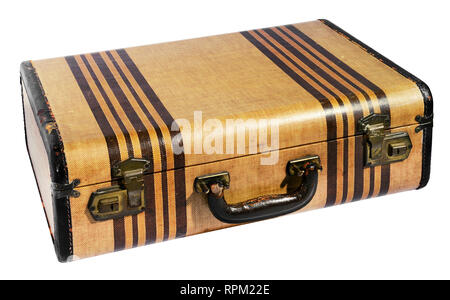 Old vintage brown suitcase with decorative stripes isolated on white in a travel, tourism and holiday concept Stock Photo