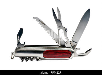 Multipurpose vintage pocket knife with all tools shown, viewed from its side and isolated on white background Stock Photo