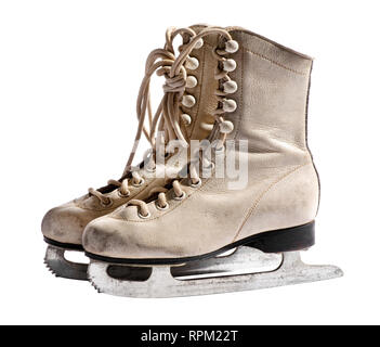 Old used white leather ice skates isolated on white background Stock Photo