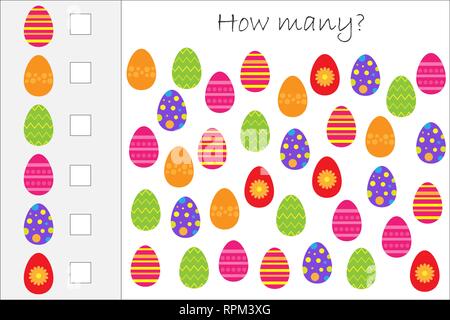 How many counting game with easter eggs for kids, educational maths task for the development of logical thinking, preschool worksheet activity, count  Stock Vector