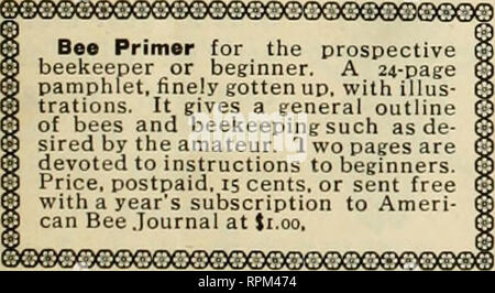 . American bee journal. Bee culture; Bees. Chicago. Jan, 17 — There are very few sales of honey being made at this time, and under these conditionsit isdifficult to quote prices. The weather at this writing is about zero, and comb honey will not bear shipment withoutbeing injured more or less. R. A. Burnett &amp; Co. Los Angeles, Jan. 14.—We beg to report a very closely cleaned up market on all grades. Demand has been fairly active with a steady advance in prices. We quote strictly first-class A No. i extracted honey, in straight carload lots, as follows: Water- white alfalfa, 6c, light amber  Stock Photo