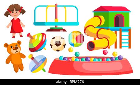 Playground Toys Vector. Doll, Ball, Bear, Carousel, Attraction. Isolated Flat Cartoon Illustration Stock Vector