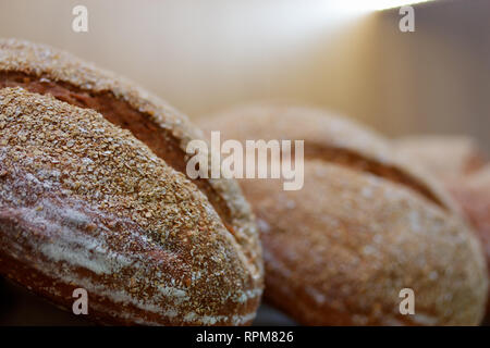 Traditional whole grain sourdough bread. Selective focus. Stock Photo