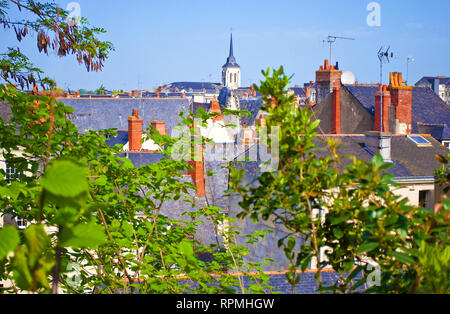 View on amazing small town Saumur, France. Many gray rooftops among fresh green leaves and branches. Warm spring day calm atmosphere, skyline Stock Photo