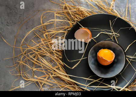 Broken egg on a dark plate on a dark background Stock Photo