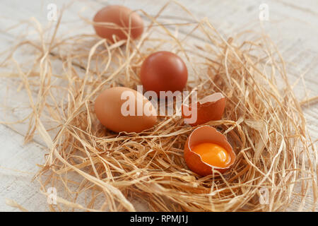 A group of eggs and one broken egg in hay on a wooden table Stock Photo