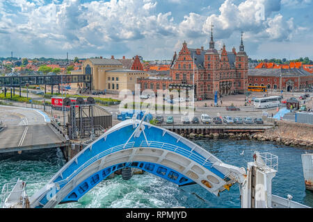 HELSINGOR, DENMARK - JULY 15, 2009: The old town of Helsingor in Denmark as seen from the ferry departing the port on it's way to Helsingborg in Swede Stock Photo