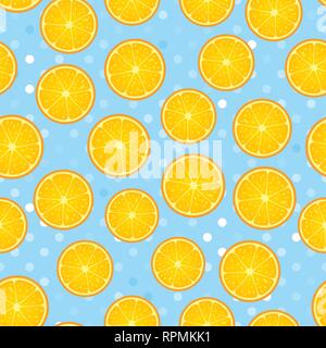 Citrus round piece. Lemon and orange Seamless pattern. Vector illustration on blue polka dot textured Stock Vector