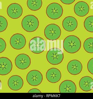 Kiwi round pieces. Seamless pattern. Vector illustration isolated on green Stock Vector