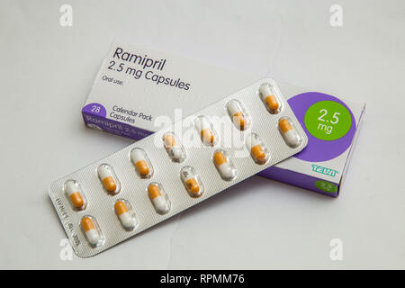 Ramipril, an angiotensin-converting enzyme inhibitor drug which treats high blood pressure typically taken after a heart attack failure. Stock Photo