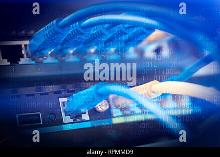 Network infrastructure, switch or router socket, cable connections. Ethernet, wired transmission, data center concept Stock Photo