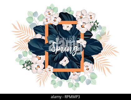 Hello Spring banner with wild flowers and leaves. Stock Vector