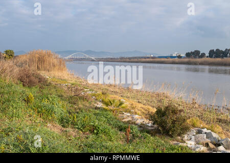 View over the River Llobregat with industrial area in background. Natural Areas of the Llobregat Delta. Barcelona province. Catalonia. Spain. Stock Photo