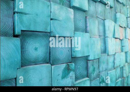 Blue Stained Wood Blocks Background - Beautiful Pattern Showing Wood Grain and Cracks - Rustic Apartment Home Decor Stock Photo