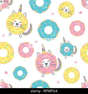 Childish seamless pattern with cute donut cat unicorn. Creative texture for textile, wallpaper, fabric, decor Stock Vector