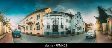 Parnu, Estonia - December 14, 2017: old traditional Houses On Puhavaimu Street In Sunny Winter Day. Stock Photo