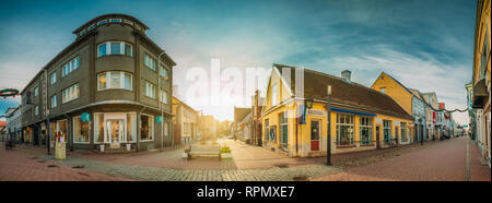 Parnu, Estonia - December 14, 2017: Panorama Old Houses in Historical Ruutli Street. Stock Photo