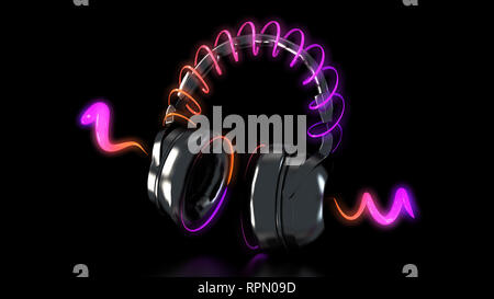 headphones and neon lights 3d rendering Stock Photo