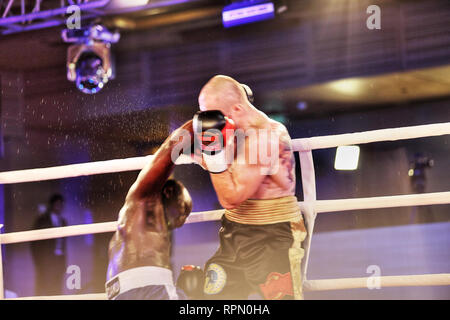 African boxer Farouk Daku goe down Kiev ring of solid right counter punch by Ukraine Kharkov based pro-champ, strong super midleweight Igor Kurdritsky Stock Photo