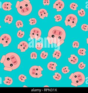 Seamless pattern of pig head. Vector illustration in cartoon style on a colored background. Stock Vector