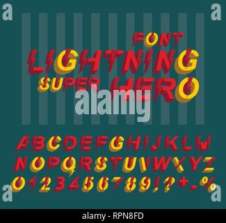 Lightning Super hero font. 3D alphabet letters and numbers in a comics style. Stock Vector