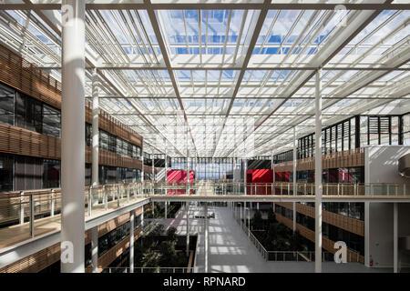 Elevated overall view with bridges and glass roof. Research Centre of the Urbalad Campus, Michelin, Cebazat, France. Architect: Chaix & Morel et Assoc Stock Photo