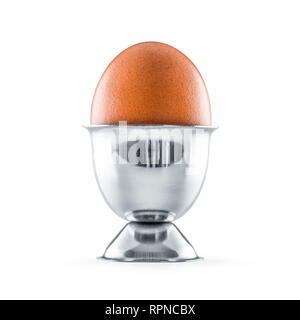 Single egg in egg cup isolated on white background. Stock Photo