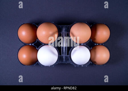 White and brown chicken eggs in a plastic package, on a black background Stock Photo
