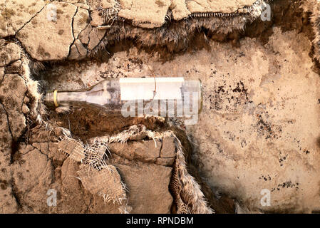 bottle of vodka in the old concrete wall of the wall. background. texture. toned Stock Photo
