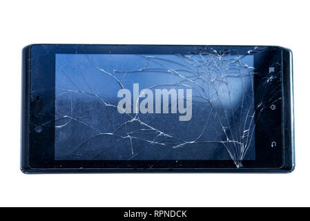 black smartphone with broken glass. isolated. background Stock Photo