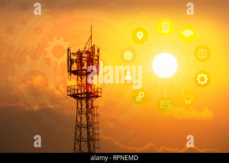 Telecommunication mast TV antennas wireless technology with icon for technology and copy space. Stock Photo