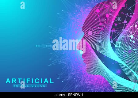 Futuristic Artificial Intelligence and Machine Learning Concept.. Human Big Data Visualization. Wave Flow Communication, Scientific vector Stock Vector