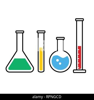 color chemestry beakers and flacks vector icons set. Science or pharmacy symbols Stock Vector