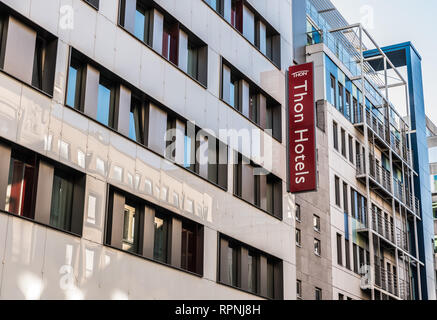City of Brussels / Belgium - 02 15 2019: Diagonal part of the facade of the Thon Hotels chain Stock Photo