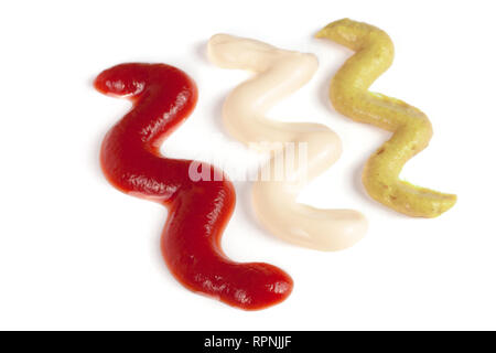 Ketchup mayonnaise and mustard isolated on white background Stock Photo