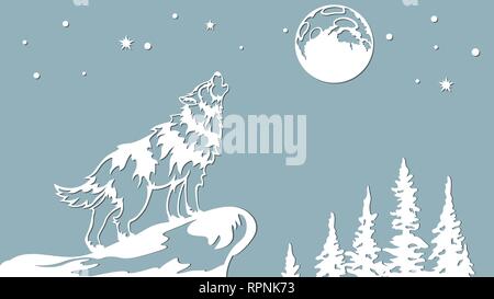 The wolf howls at the moon. Vector illustration. Paper wolf sticker. Laser cut. Template for laser cutting and Plotter. Vector illustration. Sticker.  Stock Vector