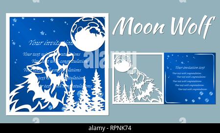 The wolf howls at the moon. Vector illustration. Paper wolf sticker. Laser cut. Template for laser cutting and Plotter. Vector illustration. Sticker.  Stock Vector