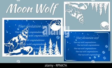 The wolf howls at the moon. Vector illustration. Paper wolf sticker. Laser cut. Template for laser cutting and Plotter. Vector illustration. Sticker.  Stock Vector