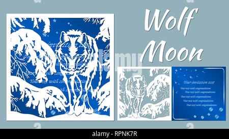 wolf, tree, spruce, winter. Vector illustration. Paper wolf sticker. Laser cut. Template for laser cutting and Plotter. Vector illustration. Sticker.  Stock Vector