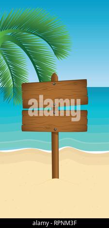 wooden sign on palm beach summer vacation with copy space vector illustration EPS10 Stock Vector