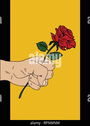 Hand Drawn Hand Holding a Red Rose Over Yellow Portrait Panel on Black Background Stock Vector