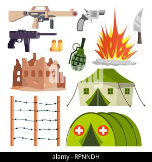 Warfare Military Icons Vector. Hospital, Bomb Explosion, Weapons, Pistol. Isolated Flat Cartoon Illustration Stock Vector