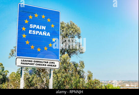 Hard contentious border from UK Territory of Gibraltar to Spain concept post-Brexit with passport checks and copy space Stock Photo