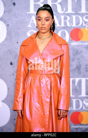 Grace Carter attending the Brit Awards 2019 at the O2 Arena, London. Stock Photo