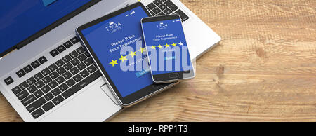 Rating, review concept. 4 stars, very good text on devices screens, wooden background, banner. 3d illustration Stock Photo