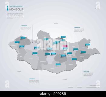 Mongolia vector map with infographic elements, pointer marks. Editable template with regions, cities and capital Ulaanbaatar. Stock Vector